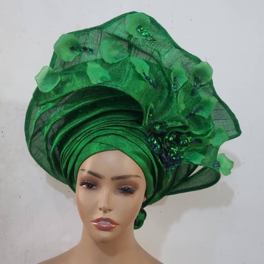 Elegant Green Headwrap with Floral Accents

GEL5 0326